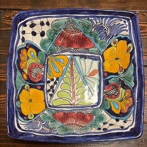 Handcrafted Mexican Multicolor Ceramic Square Scolloped Serving Bowl Talavera